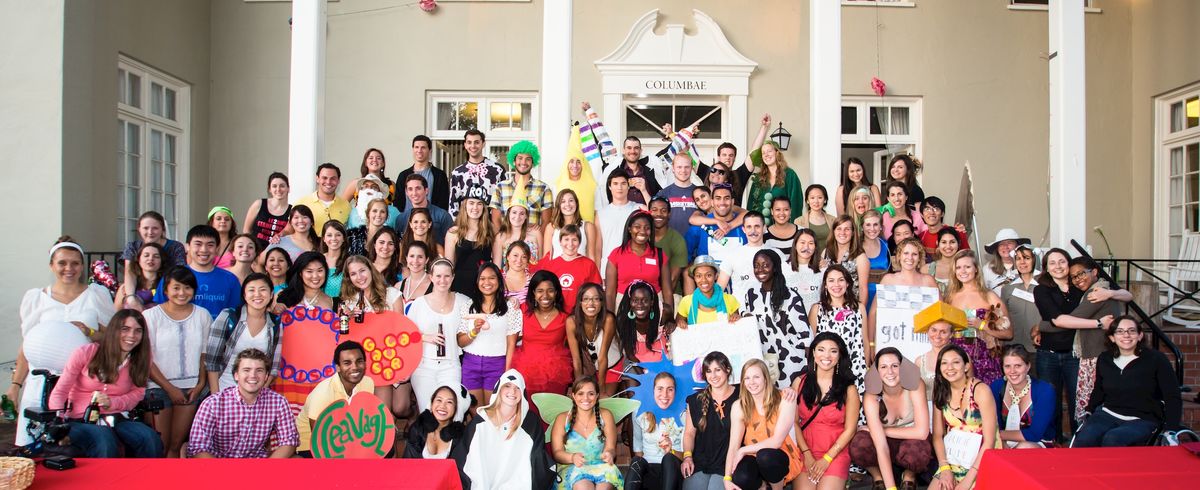 Group of students pose in costume at Humbio's Abnormal Formal